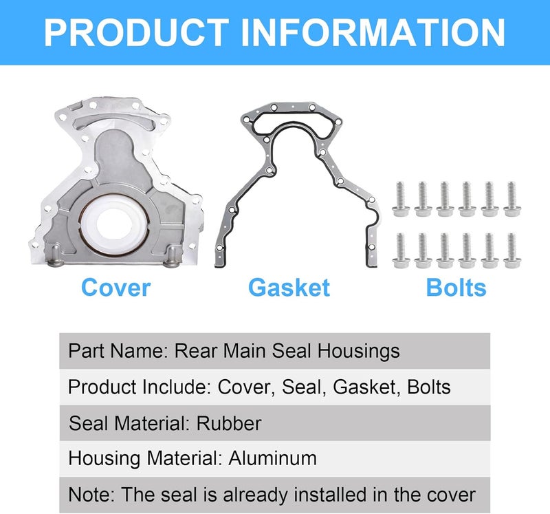 SUSUCAR Engine Rear Main Seal Cover Kit w/Gasket Bolts for Chevy Silverado Suburban Express, for GMC Sierra Yukon, for Cadillac Escalade 4.8 5.3 6.0 6.2L - Image 2